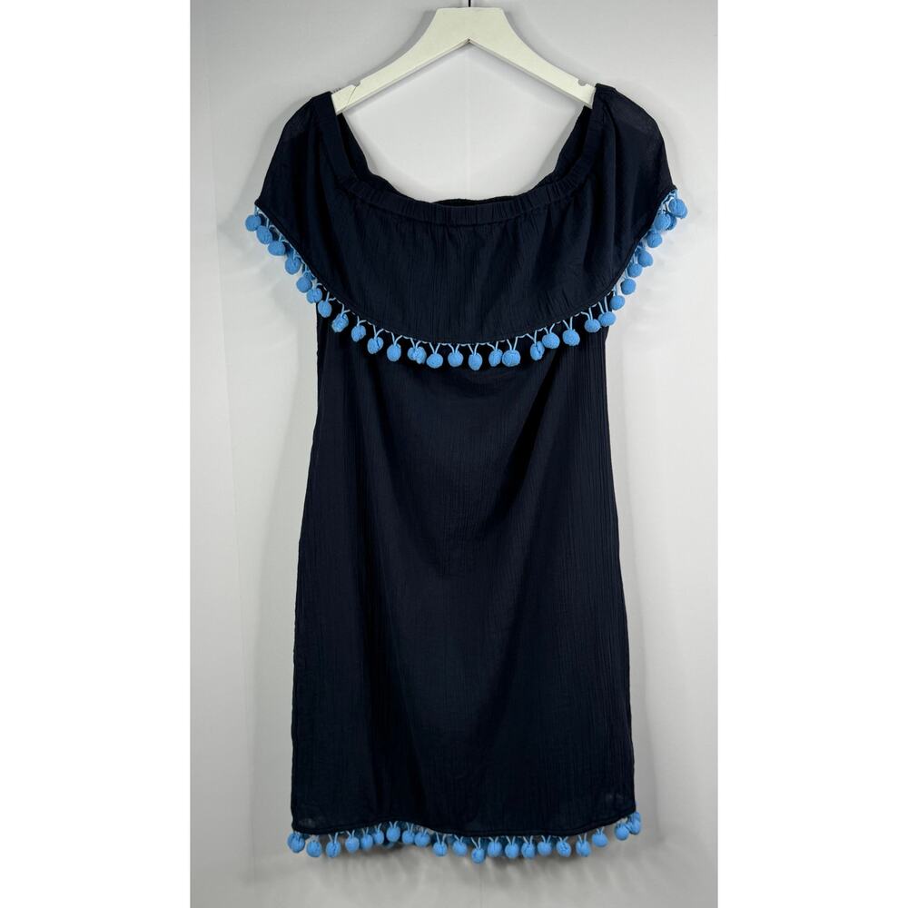 STS Sail‎ to Sable Pom Pom Fringe Dress Blue Sz M Resortwear Beach Off Shoulder